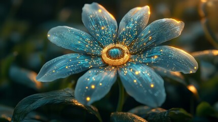 A futuristic daisy with glowing microchips attached to each petal