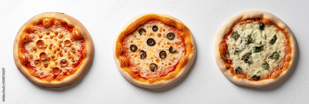Poster three different types of pizza are shown on a white background. the pizzas are all different sizes a
