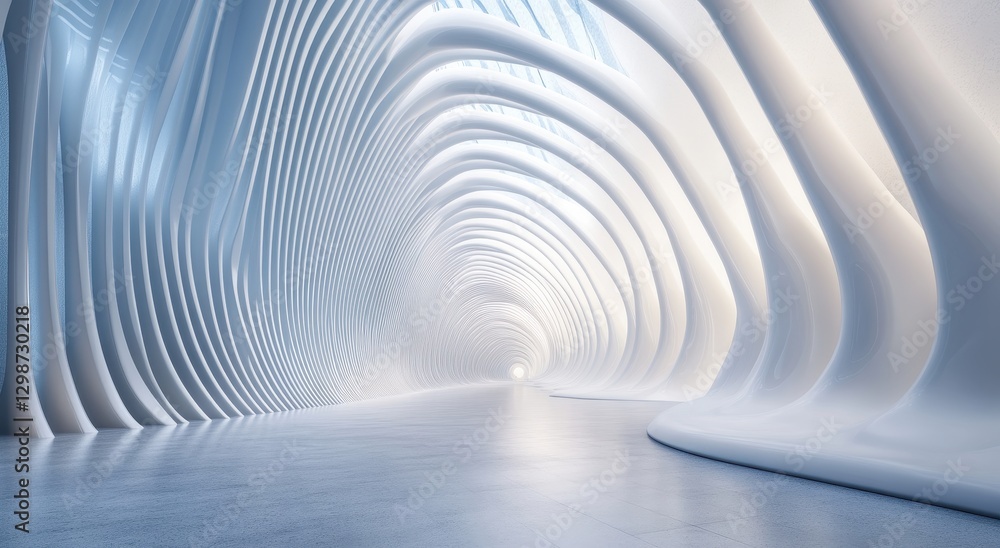 Poster futuristic bright tunnel with smooth curves and soft lighting in a minimalist space for modern archi