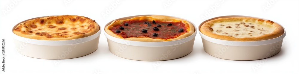 Poster three different types of pizza are shown in a white background. the pizzas are placed in white conta