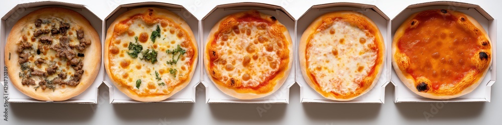 Poster five boxes of pizza with different toppings. the boxes are lined up next to each other. the pizza bo