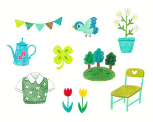 colored pencil hand drawn cute green elements illustration