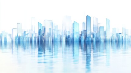 Fototapeta premium Cityscape Reflections: A modern cityscape of skyscrapers mirrors beautifully in a tranquil body of water, creating a scene of serenity and technological advancement.