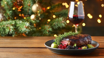 Festive Steak and Wine: A perfectly cooked steak served on a plate with fresh ingredients and a glass of red wine, set against a Christmas tree with twinkling lights.