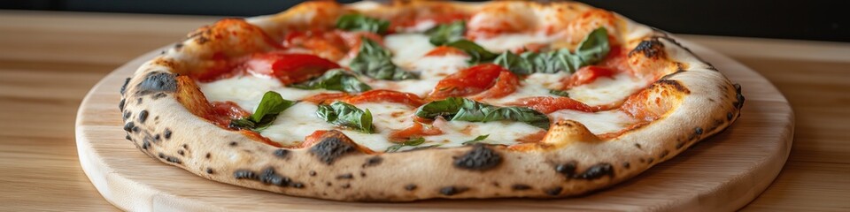 A pizza with cheese and basil on top sits on a wooden board. The pizza is brown and has a crispy crust