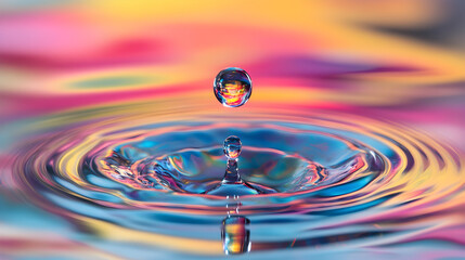 of a droplet collision in a shallow pool, with rainbow reflections dancing on the liquid surface 