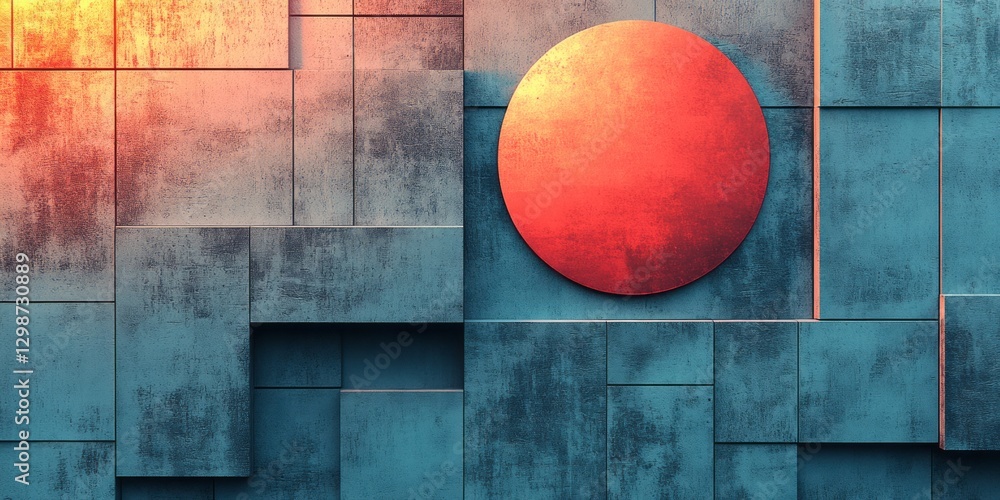 Poster abstract teal blocks with textural details and a red circle
