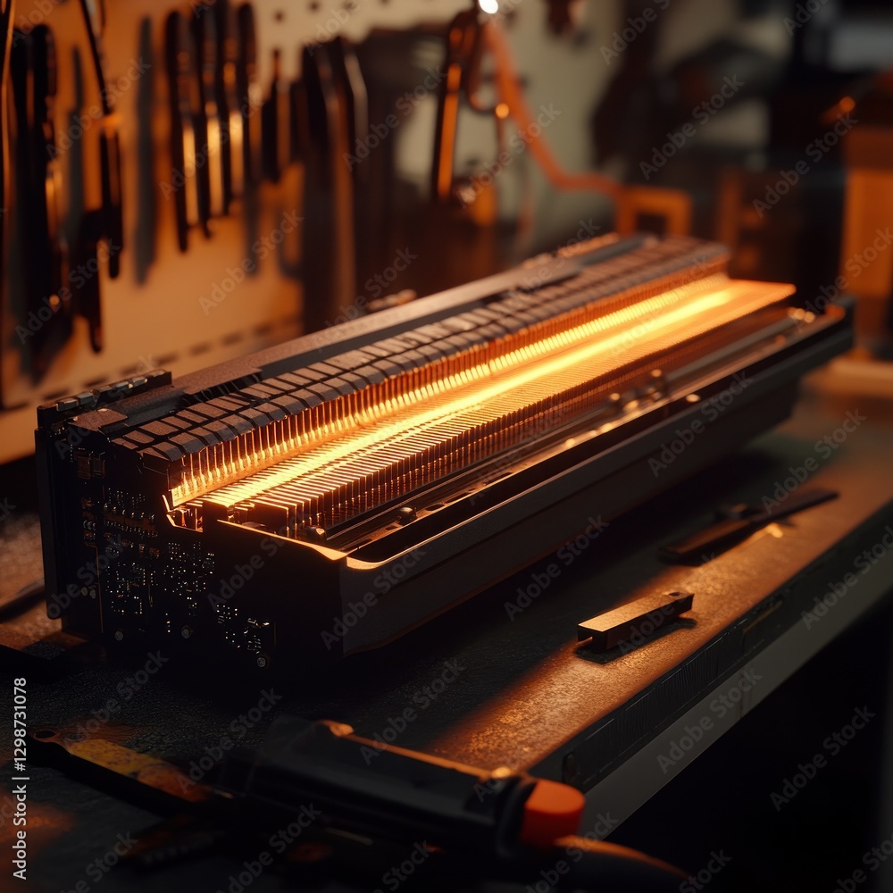 Poster illuminated graphics card: a close-up view of a glowing gpu