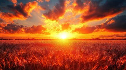 Fototapeta premium Wheatfield glowing under sunset. Golden hour. Warm colors with dramatic sky. Rural scene