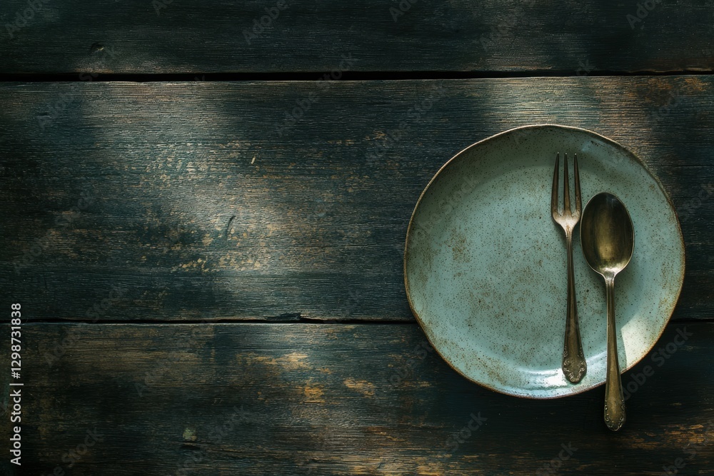 Aufkleber Rustic table setting with vintage plate and cutlery on dark wooden surface in natural light. Generative AI