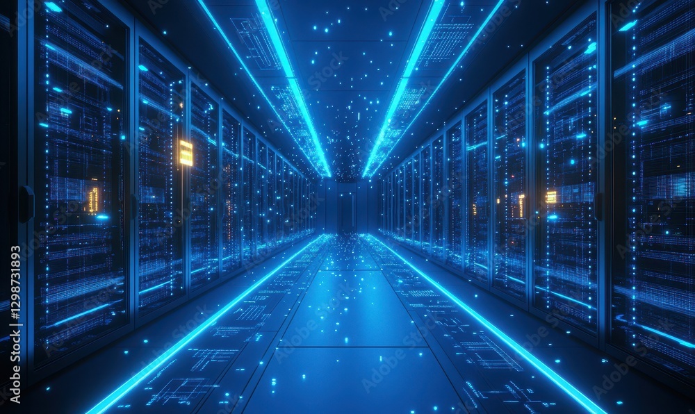 Poster futuristic data center with glowing lines and digital particles in a high-tech environment, showcasi