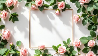 Elegant Pink Roses Frame on White Background for Romantic Invitations