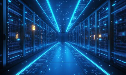Obraz premium Futuristic Data Center with Glowing Lines and Digital Particles in a High-Tech Environment, Showcasing Modern Technology and Server Racks