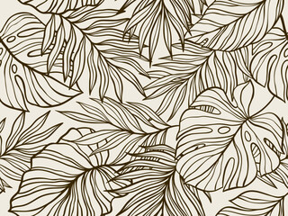 Intricate Seamless Pattern Featuring Botanical Leaf Line Drawings in a Minimalist Style. Vector illustration