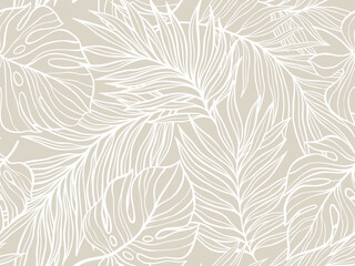 Seamless Pattern of Tropical Foliage in Subtle Beige Tones for Elegant Design Projects. Vector illustration
