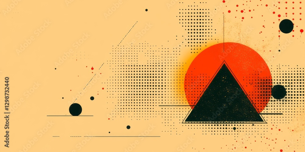Poster abstract composition with geometric shapes on patterned yellow background