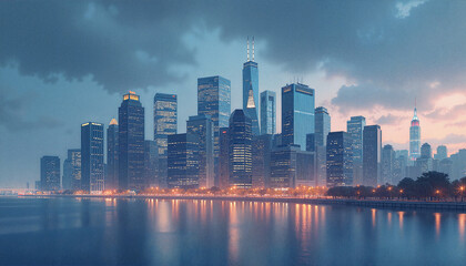 Fototapeta premium Night cityscape with clouds over skyline and reflections in water with copy space