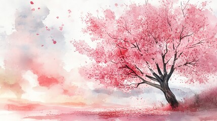 A serene watercolor painting of a blooming cherry blossom tree against a soft, pastel sky, evoking tranquility and beauty.