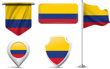 A set of 5 different designs of the Colombia flag in various shapes