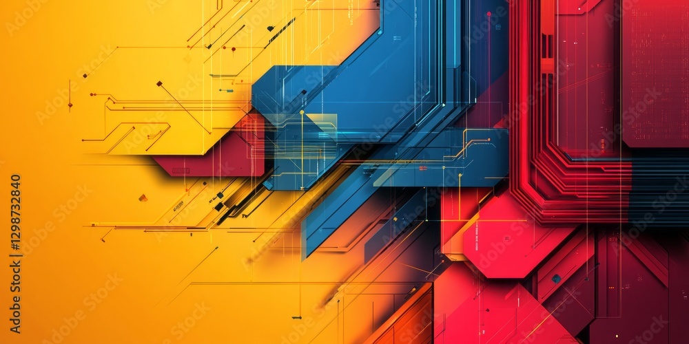 Poster abstract technological illustration displays intricate circuit board design features
