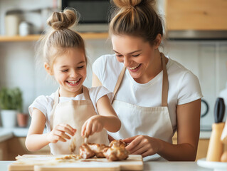 Happy mother and daughter preparing chicken in kitchen