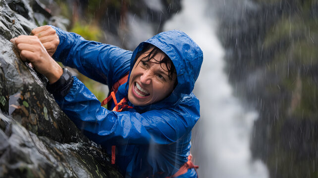 A climber in a blue rain jacket battles the elements, gripping a rock face with determination as water cascades around them.