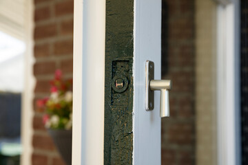 Modern door handle and lock set on a white door connecting to a cozy interior space in a stylish home environment