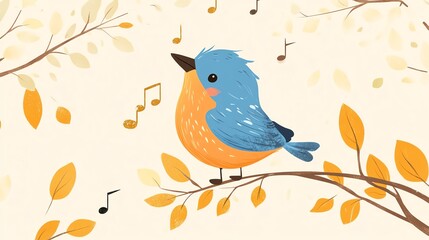 A cute blue bird perched on a branch, surrounded by autumn leaves and musical notes, creating a cheerful and whimsical atmosphere.