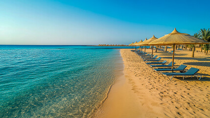 Fototapeta premium High-angle view of a tranquil beach scene featuring sun loungers arranged neatly under a parasol