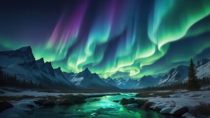 Fototapeta premium Stunning Aurora Borealis Display Over Snowy Mountains and River