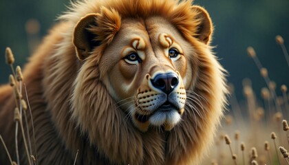 Fototapeta premium A lion with a long mane and a big nose is staring at the camera