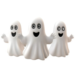 Three cheerful cartoon ghosts joyfully pose for Halloween fun spooky season cute friendly spirits