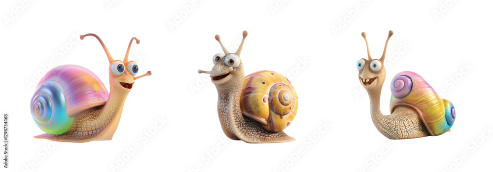 Aufkleber three colorful cartoon snails with spiral patterns and smiling faces in different poses