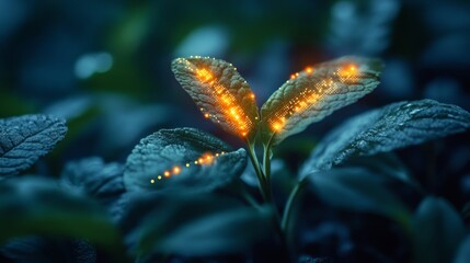 A plant stem with tiny microchips placed along its surface, glowing faintly 