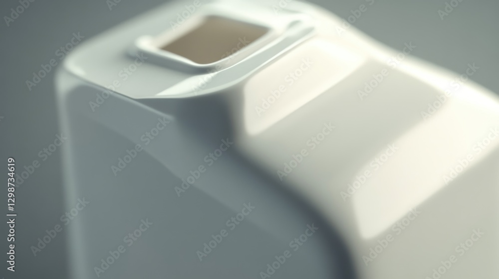 Poster close-up of a sleek, white, rectangular container with a square opening at the top, exhibiting subtl