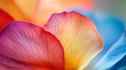 A vibrant close-up of flower petals showcasing a gradient of colors, blending seamlessly from pink to orange to blue.
