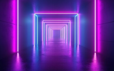 Futuristic neon hallway illuminated by vibrant pink and blue lights reflecting on a glossy floor in a mysterious environment