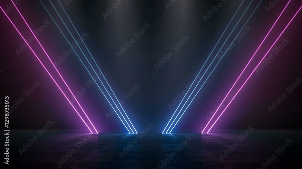 Poster the image contains a dark, empty space illuminated by bright pink and light blue neon lines convergi