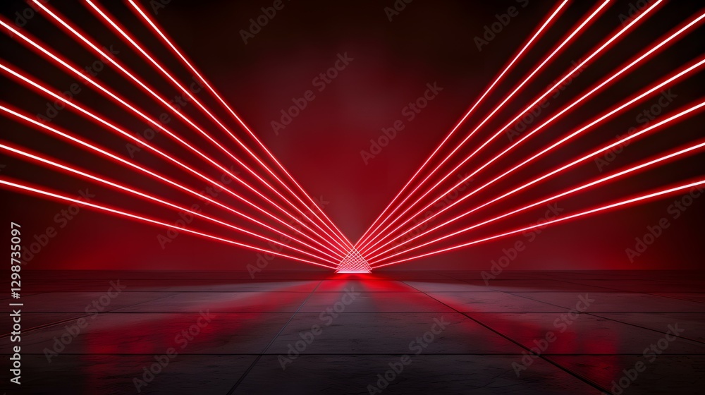 Poster multiple bright red laser beams converge on a reflective dark grey floor, creating a triangular patt