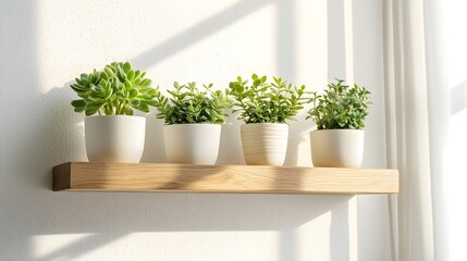 Fototapeta premium Floating Wooden Shelf with Potted Plants in Bright Clean Minimalist Decor