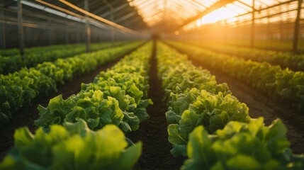 Sunlight Illuminates Rows of Fresh Green Lettuce in Greenhouse