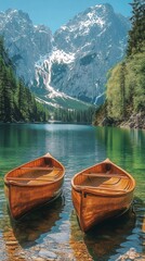 Obraz premium Two wooden canoes resting on the shores of a pristine mountain lake