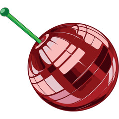 A shiny retro disco ball in deep cherry red with reflective highlights, and a green stem
