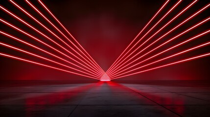 Obraz premium Multiple bright red laser beams converge on a reflective dark grey floor, creating a triangular pattern.