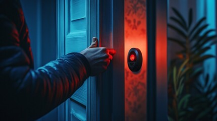 Professional Thief Breaking into Apartment and Disarming Alarm System Stock Photo for Security Concepts