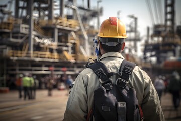 Offshore Oil Rig Worker Walking Towards Facility for Processing