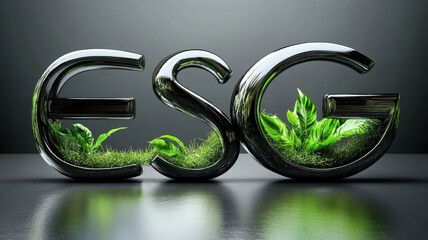 Sleek ESG typography with lush greenery, symbolizing sustainability and environmental responsibility. design reflects modern aesthetics and eco friendly values