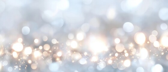 Obraz premium Bokeh background with soft white and gold lights, festive glittering texture for holiday celebrations, weddings, photography, and graphic design projects.