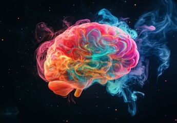 Digital Abstract Art of Colorful Glowing Brain on Black Background