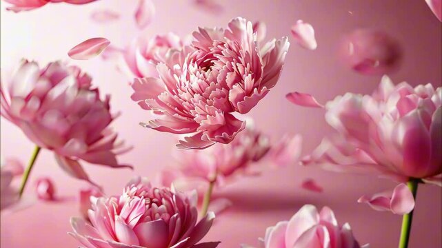 Lush pink flowers peonies fly on pink background. Creative festive spring floral background, congratulations on the holiday, March 8, mother's day, wedding concept